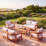 Santorini Family Set with 2 Santorini Benches, 2 Santorini Chairs and 1 Santorini Coffee Table - Teak Garden Lounge Set - UK and Ireland garden setting - image 1 Santorini Family Set with 2 Santorini Benches, 2 Santorini Chairs and 1 Santorini Coffee Table - Teak Garden Lounge Set - UK and Ireland garden setting - image 1