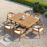 Teak Square to Rectangle 120–170cm Extending Table 4cm Top with 6 Sydney Chairs – Teak Garden Dining Set, Free Cushions Teak Square to Rectangle 120–170cm Extending Table 4cm Top with 6 Sydney Chairs – Teak Garden Dining Set, Free Cushions