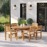 Teak Round-to-Oval 120–170cm Extending Table 4cm Top with 6 Marlow Stacking Chairs – Teak Garden Dining Set, Free Cushions Teak Round-to-Oval 120–170cm Extending Table 4cm Top with 6 Marlow Stacking Chairs – Teak Garden Dining Set, Free Cushions