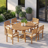 Teak Round-to-Oval 120–170cm Extending Table 4cm Top with 6 Marlow Stacking Chairs – Teak Garden Dining Set, Free Cushions Teak Round-to-Oval 120–170cm Extending Table 4cm Top with 6 Marlow Stacking Chairs – Teak Garden Dining Set, Free Cushions