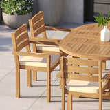 Teak Round-to-Oval 120–170cm Extending Table 4cm Top with 6 Marlow Stacking Chairs – Teak Garden Dining Set, Free Cushions Teak Round-to-Oval 120–170cm Extending Table 4cm Top with 6 Marlow Stacking Chairs – Teak Garden Dining Set, Free Cushions
