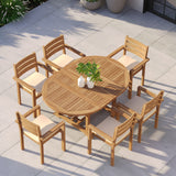 Teak Round-to-Oval 120–170cm Extending Table 4cm Top with 6 Marlow Stacking Chairs – Teak Garden Dining Set, Free Cushions Teak Round-to-Oval 120–170cm Extending Table 4cm Top with 6 Marlow Stacking Chairs – Teak Garden Dining Set, Free Cushions
