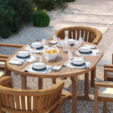 Teak Round to Oval 120cm-170cm Extending Table 4cm Top with 4 Marlow Stacking Chairs & 2 San Francisco Chairs – Teak Garden Dining Set, Free Cushions Teak Round to Oval 120cm-170cm Extending Table 4cm Top with 4 Marlow Stacking Chairs & 2 San Francisco Chairs – Teak Garden Dining Set, Free Cushions