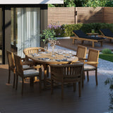 Teak 4cm Top Round To Oval 120-170cm Extending Table (4 Henley Stacking Chairs 2 San Francisco Chairs) Cushions included. Teak 4cm Top Round To Oval 120-170cm Extending Table (4 Henley Stacking Chairs 2 San Francisco Chairs) Cushions included.