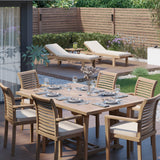 Teak Square to Rectangle 120-170cm Extending Table 4cm Top (6 Oxford Stacking Chairs) Cushions included. Teak Square to Rectangle 120-170cm Extending Table 4cm Top (6 Oxford Stacking Chairs) Cushions included.