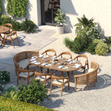 Teak 180–240cm Oval Extending Table 4cm Top and 120cm Wide with 6 Sydney Chairs & 2 San Francisco Benches – Teak Garden Dining Set, Free Cushions Teak 180–240cm Oval Extending Table 4cm Top and 120cm Wide with 6 Sydney Chairs & 2 San Francisco Benches – Teak Garden Dining Set, Free Cushions