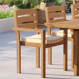 Teak Rectangle 180-240cm Extending Table 4cm Top with 8 Marlow Stacking Chairs, Free Cushions Teak Rectangle 180-240cm Extending Table 4cm Top with 8 Marlow Stacking Chairs, Free Cushions
