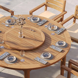 Teak Set 180cm Maximus Round Fixed Table 4cm Top with 8 Marlow Stacking Chairs – Teak Garden Dining Set, Free Cushions Teak Set 180cm Maximus Round Fixed Table 4cm Top with 8 Marlow Stacking Chairs – Teak Garden Dining Set, Free Cushions