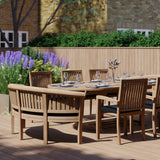 Teak 180-240cm Oval Extending Table 4cm Top (6 Henley Stacking Chairs 2 San Francisco Benches) Cushions included. Teak 180-240cm Oval Extending Table 4cm Top (6 Henley Stacking Chairs 2 San Francisco Benches) Cushions included.