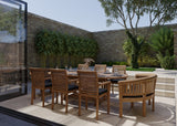 Teak 180-240cm Oval Extending Table 4cm Top and 120cm Wide with 6 Oxford Stacking Chairs 2 San Francisco Benches, Free Cushions Teak 180-240cm Oval Extending Table 4cm Top and 120cm Wide with 6 Oxford Stacking Chairs 2 San Francisco Benches, Free Cushions