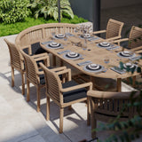 Teak 180-240cm Oval Extending Table 4cm Top (6 Oxford Stacking Chairs 2 San Francisco Benches) Cushions included. Teak 180-240cm Oval Extending Table 4cm Top (6 Oxford Stacking Chairs 2 San Francisco Benches) Cushions included.