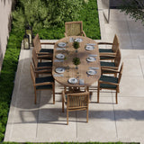 Teak Oval 180-240cm Extending Table with 8 Henley Stacking Chairs Cushions Included. Teak Oval 180-240cm Extending Table with 8 Henley Stacking Chairs Cushions Included.
