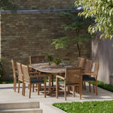 Teak Oval 180-240cm Extending Table with 8 Henley Stacking Chairs Cushions Included. Teak Oval 180-240cm Extending Table with 8 Henley Stacking Chairs Cushions Included.