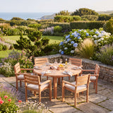Luxor 150cm Round Table 4cm Top (6 Marlow Stacking Chairs) Cushions included- Contemporary Teak Round Dining Set for Stylish Outdoor Living - UK and Ireland garden setting - image 1 Luxor 150cm Round Table 4cm Top (6 Marlow Stacking Chairs) Cushions included- Contemporary Teak Round Dining Set for Stylish Outdoor Living - UK and Ireland garden setting - image 1