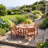 Teak Set 120cm Maximus Round Fixed Table, 4cm Top (4 x Marlow Stacking Chairs) Cushions Included: Beautiful Outdoor Teak Seat - UK and Ireland garden setting - image 2 Teak Set 120cm Maximus Round Fixed Table, 4cm Top (4 x Marlow Stacking Chairs) Cushions Included: Beautiful Outdoor Teak Seat - UK and Ireland garden setting - image 2