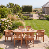 Teak 4cm Top Round to Oval 120-170cm Extending Table with 4 Henley Stacking Chairs & 2 San Francisco Chairs With Cushions Included - Versatile Teak Outdoor Dining Set - UK and Ireland garden setting - image 1 Teak 4cm Top Round to Oval 120-170cm Extending Table with 4 Henley Stacking Chairs & 2 San Francisco Chairs With Cushions Included - Versatile Teak Outdoor Dining Set - UK and Ireland garden setting - image 1