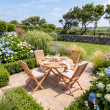 Teak Set 120cm Sunshine Folding Table (4 Folding Chairs) Cushions included - Contemporary Teak Garden Furniture Set - UK and Ireland garden setting - image 1 Teak Set 120cm Sunshine Folding Table (4 Folding Chairs) Cushions included - Contemporary Teak Garden Furniture Set - UK and Ireland garden setting - image 1