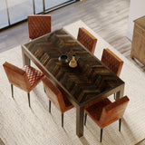 180cm Rectangle Parquet Teak Table with 6 Real Leather Chairs in Brown 180cm Rectangle Parquet Teak Table with 6 Real Leather Chairs in Brown