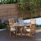 Teak Set 120cm Maximus Round Fixed Table, 4cm Top (4 x Oxford Stacking Chairs) Cushions included. Teak Set 120cm Maximus Round Fixed Table, 4cm Top (4 x Oxford Stacking Chairs) Cushions included.
