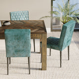 Rectangle Parquet Teak Table with 6 Real Leather Chairs in Green Rectangle Parquet Teak Table with 6 Real Leather Chairs in Green