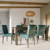 Rectangle Parquet Teak Table with 6 Real Leather Chairs in Green Rectangle Parquet Teak Table with 6 Real Leather Chairs in Green