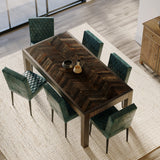 Rectangle Parquet Teak Table with 6 Real Leather Chairs in Green Rectangle Parquet Teak Table with 6 Real Leather Chairs in Green