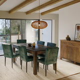 Rectangle Parquet Teak Table with 6 Real Leather Chairs in Green Rectangle Parquet Teak Table with 6 Real Leather Chairs in Green