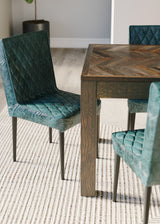 Rectangle Parquet Teak Table with 6 Real Leather Chairs in Green Rectangle Parquet Teak Table with 6 Real Leather Chairs in Green