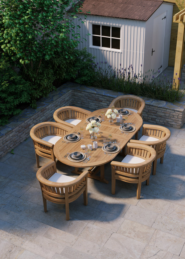 Teak Set Oval 180-240cm Extending Table 4cm Top (6 San Francisco Chairs) Cushions included.