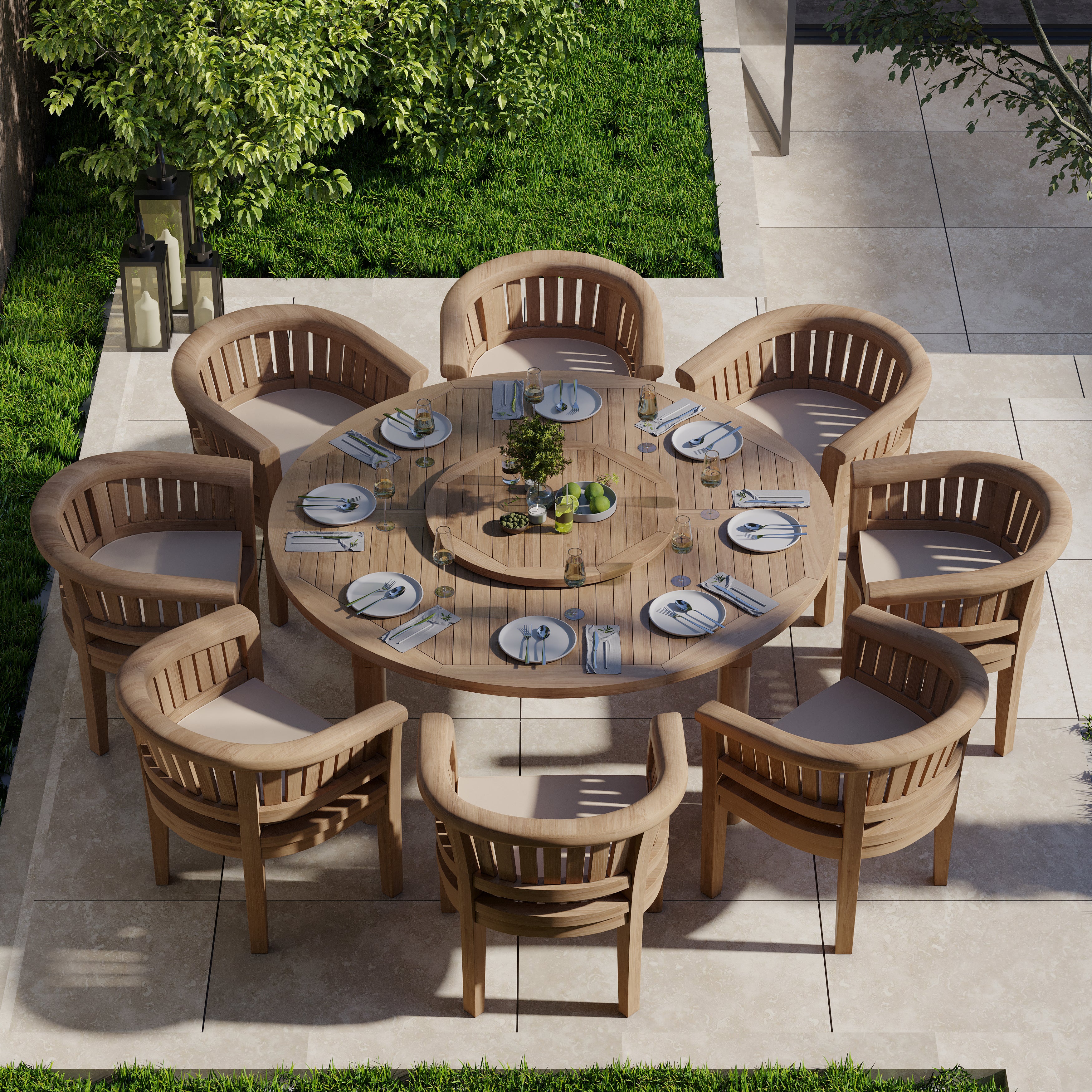 Teak Set 180cm Maximus Round Table 4cm Top (8 San Francisco Chairs) Cushions