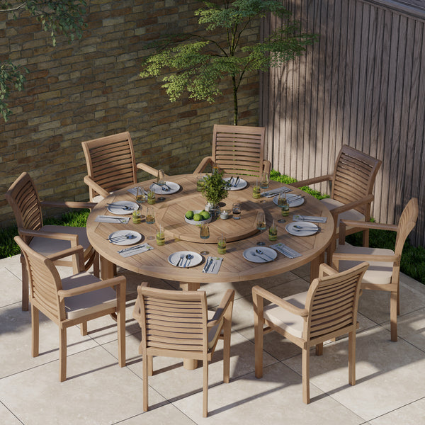 Teak Set 180cm Maximus Round Table 4cm Top (8 Oxford Stacking Chairs) Cushions included.