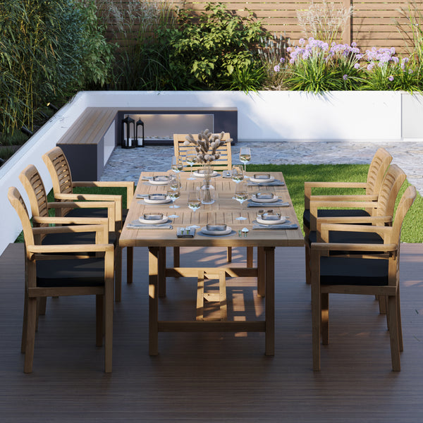 Teak Rectangle 180-240cm Extending Table 4cm Top (8 Oxford Stacking Chairs) Cushions included