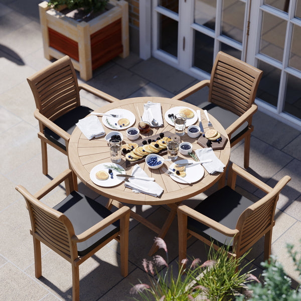 Teak Set 120cm Sunshine Round Folding Table, 4cm Top (4 x Oxford Stacking Chairs) Cushions included.