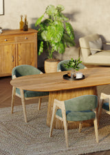 210cm Oval Solid Wood Table with Fluted Base and 4 Marquess Green Velour Chairs. 210cm Oval Solid Wood Table with Fluted Base and 4 Marquess Green Velour Chairs.