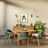 150cm Round Solid Wood Table with Fluted Base and 6 Marquess Green Velour Chairs. 150cm Round Solid Wood Table with Fluted Base and 6 Marquess Green Velour Chairs.