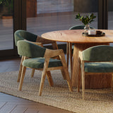 150cm Round Solid Wood Table with Fluted Base and 6 Marquess Green Velour Chairs. 150cm Round Solid Wood Table with Fluted Base and 6 Marquess Green Velour Chairs.