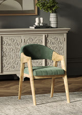 150cm Round Solid Wood Table with Fluted Base and 6 Marquess Green Velour Chairs. 150cm Round Solid Wood Table with Fluted Base and 6 Marquess Green Velour Chairs.