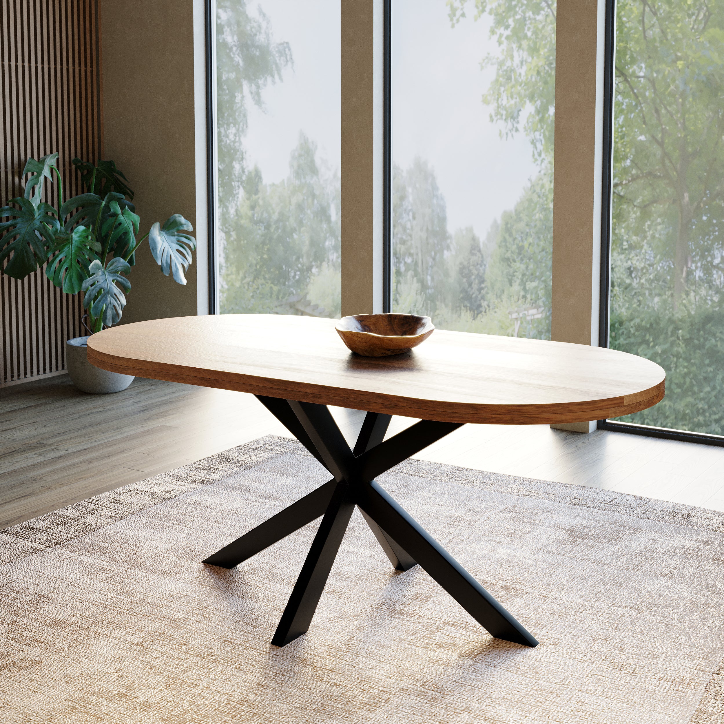 wood dining table with black metal legs