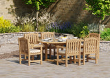 Teak Round to Oval 120-170cm Extending Table, 4cm Top with 6 Warwick Chairs, Free Cushions. Teak Round to Oval 120-170cm Extending Table, 4cm Top with 6 Warwick Chairs, Free Cushions.