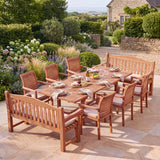 10 Seater Teak Garden Dining Set - 180-240cm Rectangular Extending Table, 4cm Top with 6 Oxford Stacking Chairs & 2 Harmony Benches - UK and Ireland garden setting - image 1 10 Seater Teak Garden Dining Set - 180-240cm Rectangular Extending Table, 4cm Top with 6 Oxford Stacking Chairs & 2 Harmony Benches - UK and Ireland garden setting - image 1