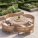 8 Seater Teak Garden Dining Set - 180cm Maximus Round Table with 4 San Francisco Benches - UK and Ireland garden setting 8 Seater Teak Garden Dining Set - 180cm Maximus Round Table with 4 San Francisco Benches - UK and Ireland garden setting
