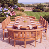 12 Seater Teak Garden Dining Set - 2-3m Oval Extending Table, 4cm Top with 8 Henley Stacking Chairs & 2 San Francisco Benches - UK and Ireland garden setting 12 Seater Teak Garden Dining Set - 2-3m Oval Extending Table, 4cm Top with 8 Henley Stacking Chairs & 2 San Francisco Benches - UK and Ireland garden setting