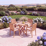 4 Seater Teak Garden Dining Set - 120cm Round Spiral Folding Table with Henley Stacking Chairs - UK and Ireland garden setting 4 Seater Teak Garden Dining Set - 120cm Round Spiral Folding Table with Henley Stacking Chairs - UK and Ireland garden setting