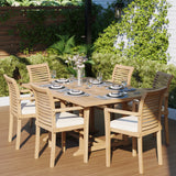 Teak Square to Rectangle 120-170cm Extending Table 4cm Top (6 Oxford Stacking Chairs) Cushions included. Teak Square to Rectangle 120-170cm Extending Table 4cm Top (6 Oxford Stacking Chairs) Cushions included.