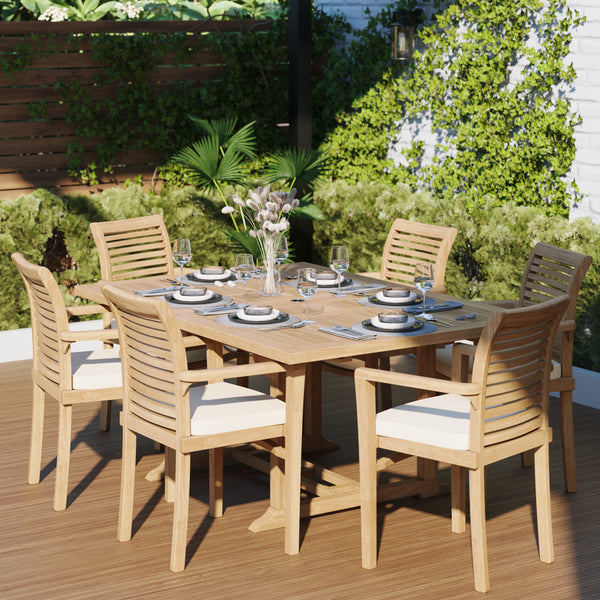 Teak Square to Rectangle 120-170cm Extending Table 4cm Top (6 Oxford Stacking Chairs) Cushions included.