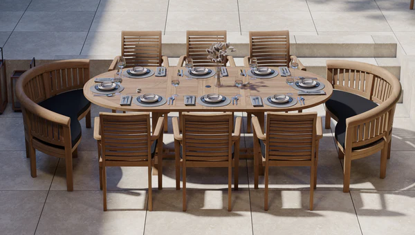 Teak 180-240cm Oval Extending Table 4cm Top (6 Oxford Stacking Chairs 2 San Francisco Benches