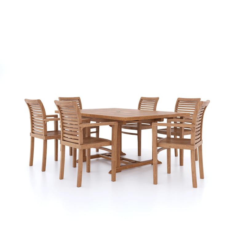 CLEARANCE Teak Garden Furniture Square To Rectangle 120-170cm Extending Table 4cm Top (6 Stacking Chairs) Cushions included.