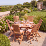 Teak 120cm Round Sunshine Folding Table 4cm Top (6 Folding Chairs) Cushions Included - Premium Teak Garden Furniture Set - UK and Ireland garden setting - image 1