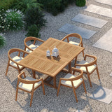 Teak Square to Rectangle 120–170cm Extending Table 4cm Top with 6 Sydney Chairs – Teak Garden Dining Set, Free Cushions