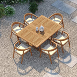 Teak Square to Rectangle 120–170cm Extending Table 4cm Top with 6 Sydney Chairs – Teak Garden Dining Set, Free Cushions